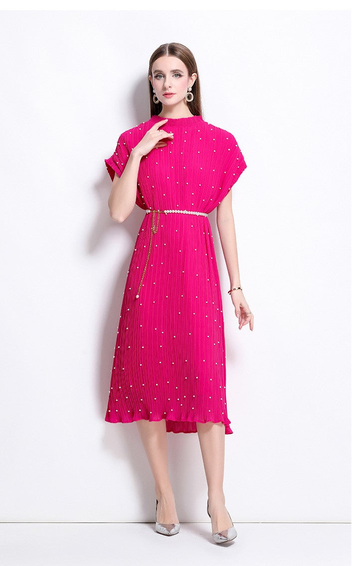 Rosered Pure Elegance Pleated Pearl Belt Dress