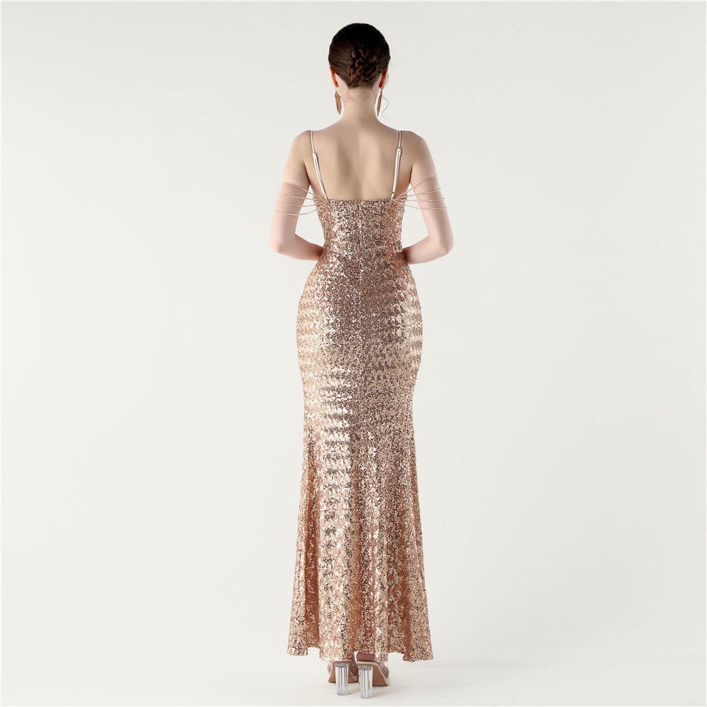 Golden Glimmer Deep V Gown