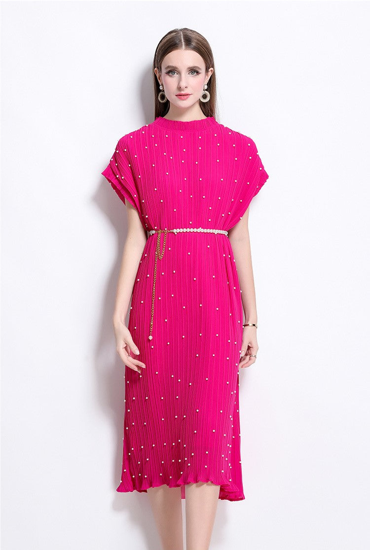 Rosered Pure Elegance Pleated Pearl Belt Dress
