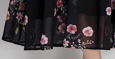 Black Flowy Floral Tiered Chiffon Gown With Belt