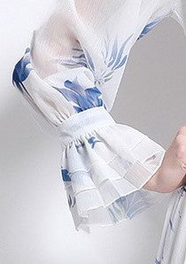 Blue Cherry Flowy Floral Tiered Chiffon Gown With Belt