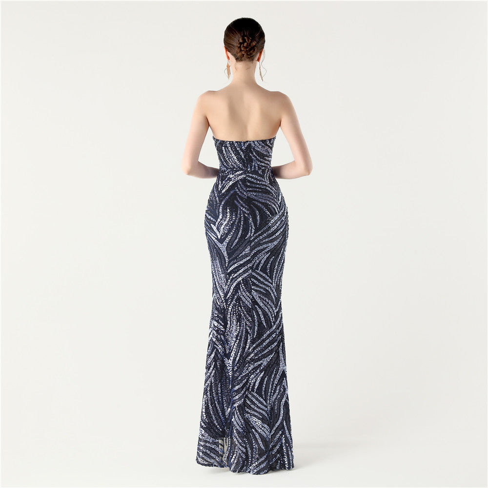 Navy Blue Stardust Frond Sequin Gown