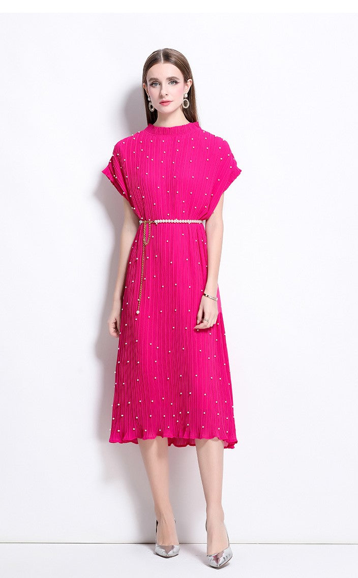 Rosered Pure Elegance Pleated Pearl Belt Dress