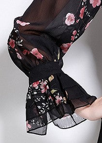 Black Flowy Floral Tiered Chiffon Gown With Belt