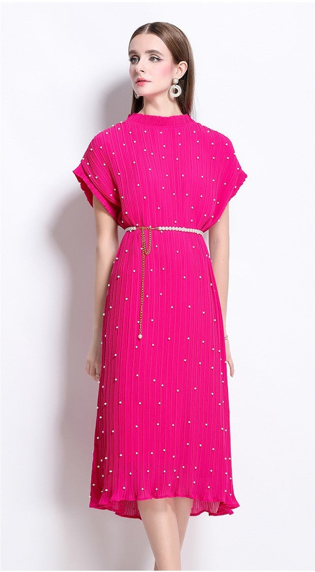 Rosered Pure Elegance Pleated Pearl Belt Dress