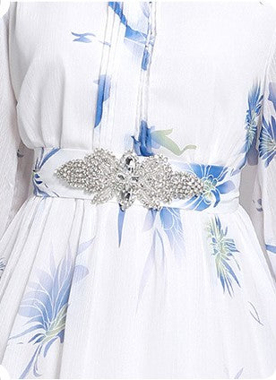 Blue Cherry Flowy Floral Tiered Chiffon Gown With Belt