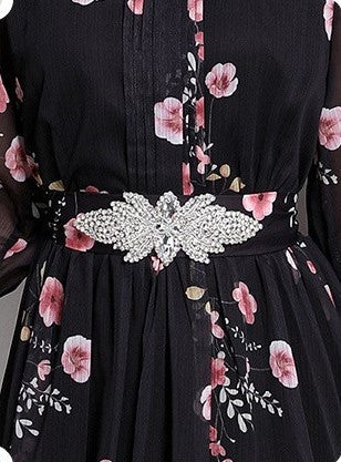 Black Flowy Floral Tiered Chiffon Gown With Belt