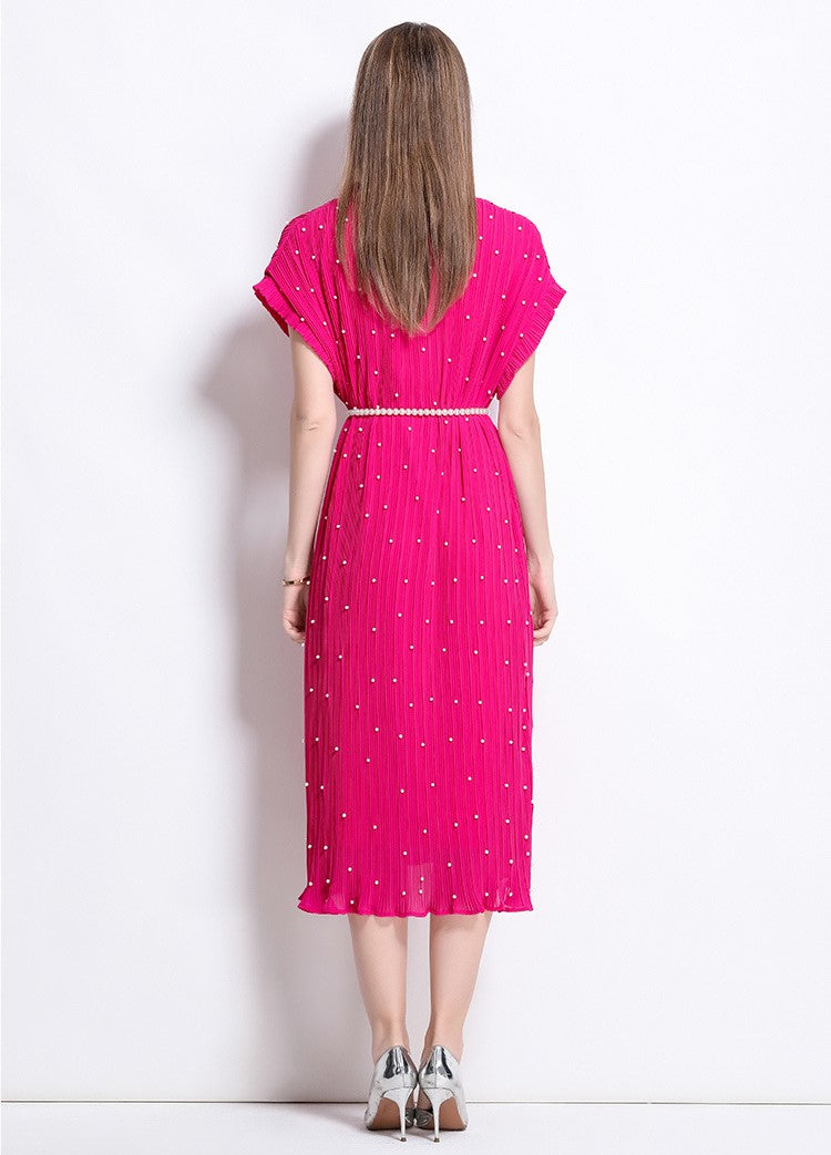 Rosered Pure Elegance Pleated Pearl Belt Dress