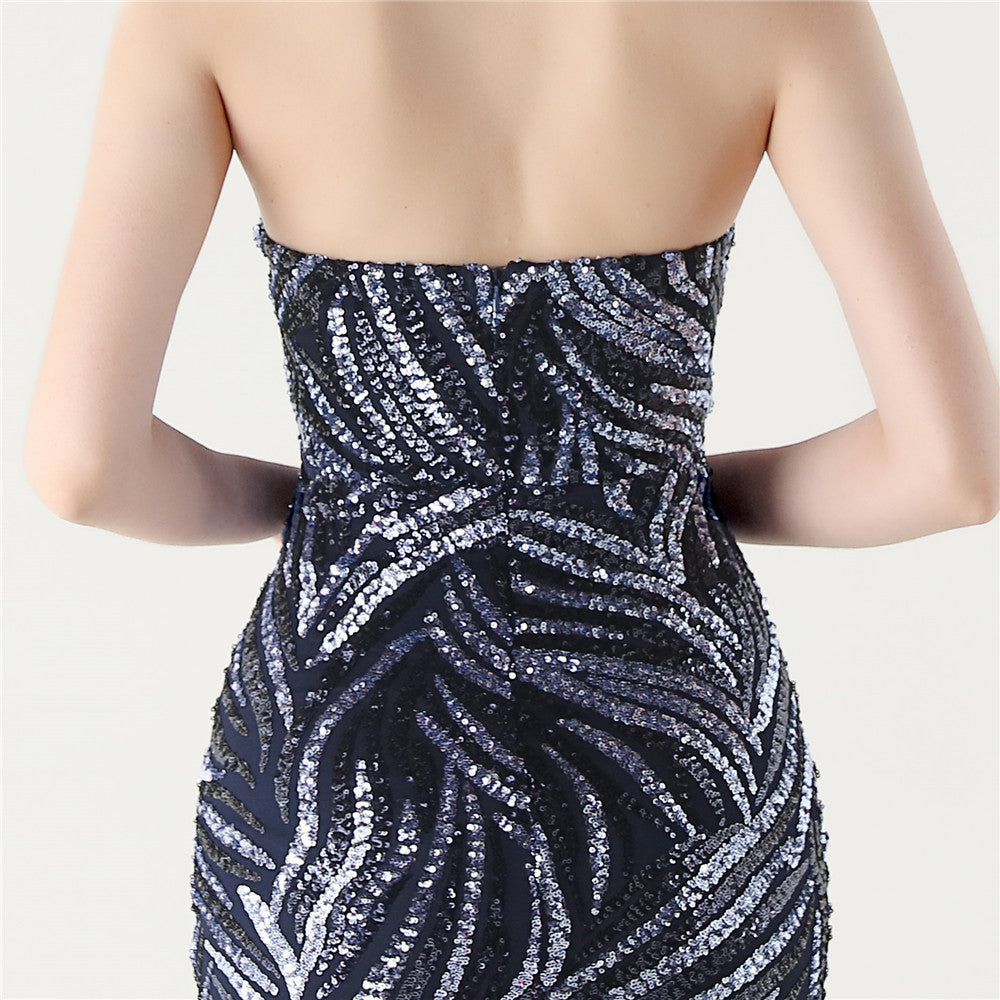 Navy Blue Stardust Frond Sequin Gown