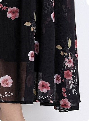 Black Flowy Floral Tiered Chiffon Gown With Belt