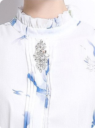 Blue Cherry Flowy Floral Tiered Chiffon Gown With Belt