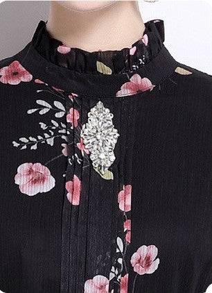 Black Flowy Floral Tiered Chiffon Gown With Belt