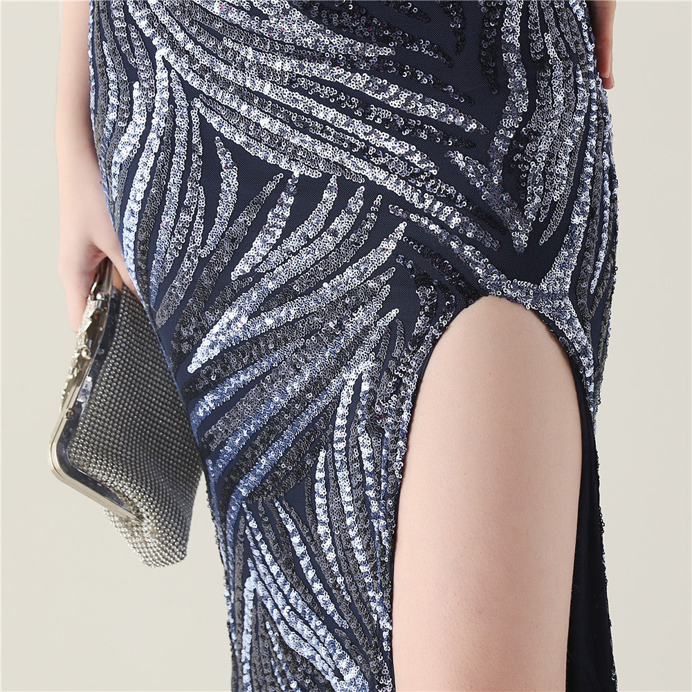 Navy Blue Stardust Frond Sequin Gown