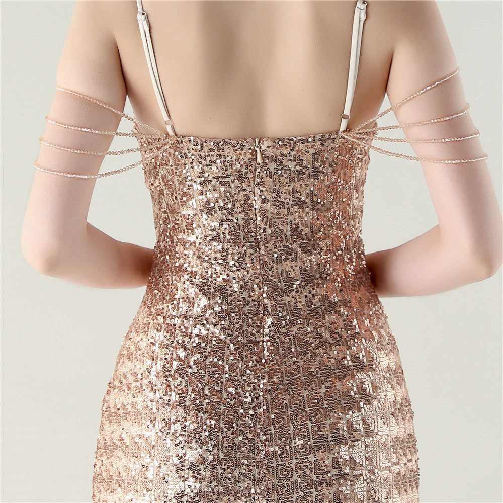 Golden Glimmer Deep V Gown