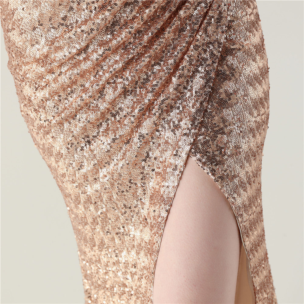 Golden Glimmer Deep V Gown