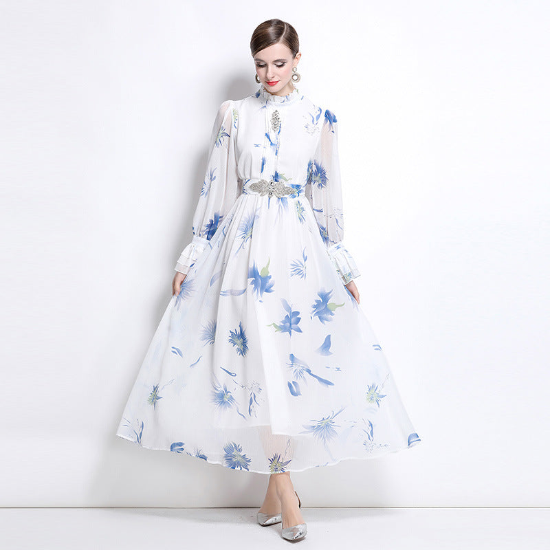 Blue Cherry Flowy Floral Tiered Chiffon Gown With Belt