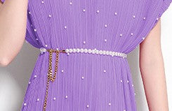 Purple Pure Elegance Pleated Pearl Belt Dress