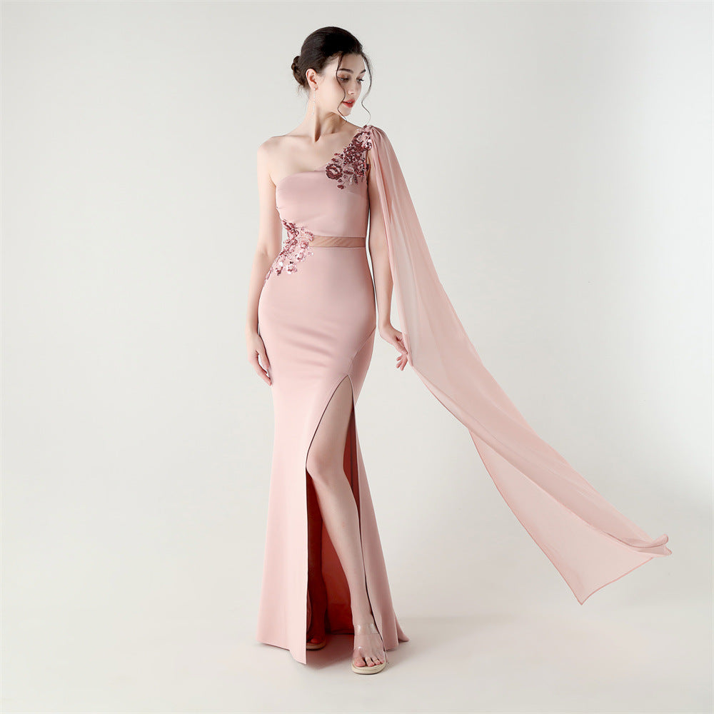 Blush Bloom Embroidery One Shoulder Gown