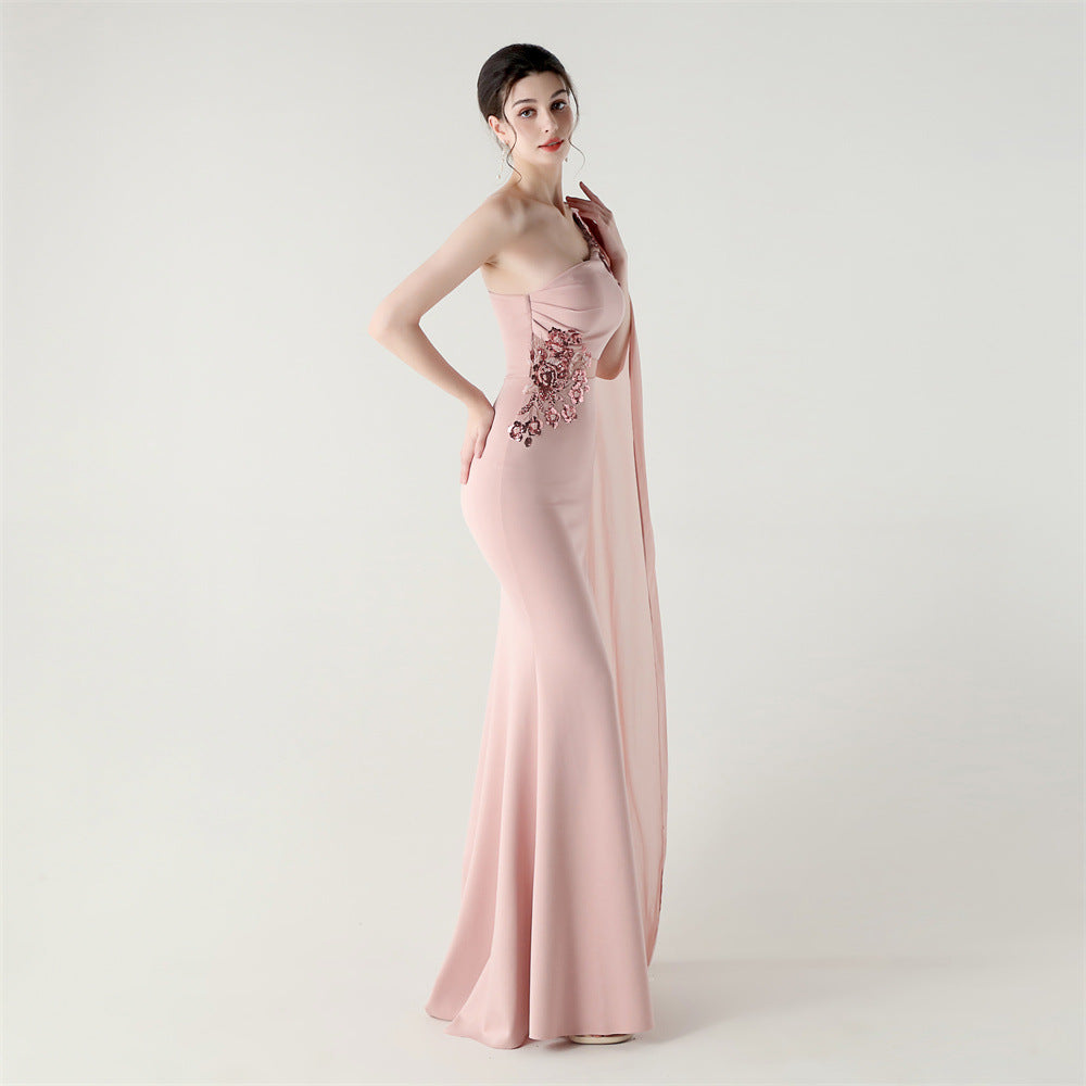 Blush Bloom Embroidery One Shoulder Gown