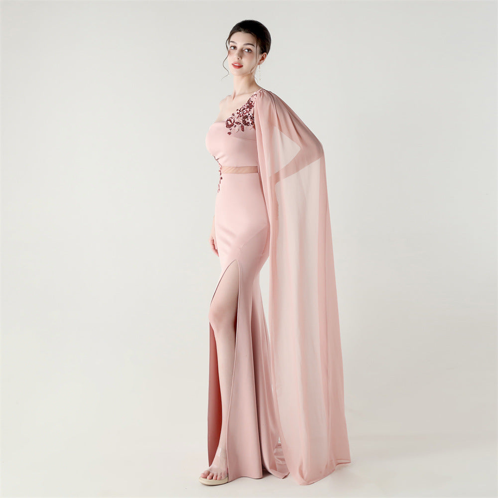 Blush Bloom Embroidery One Shoulder Gown