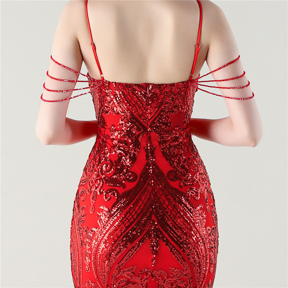 Crimson Flame Beaded Gown