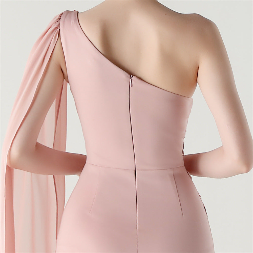 Blush Bloom Embroidery One Shoulder Gown