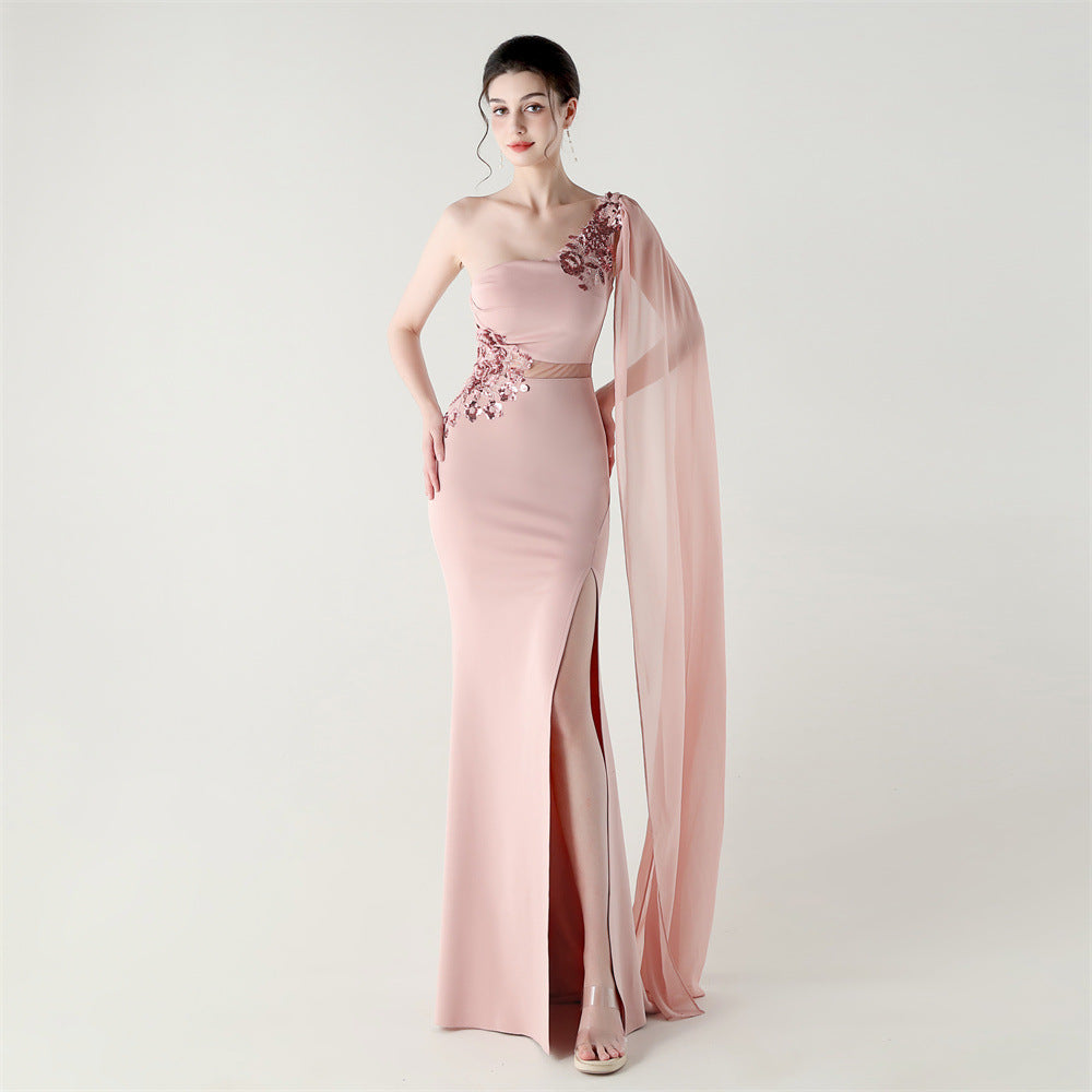 Blush Bloom Embroidery One Shoulder Gown