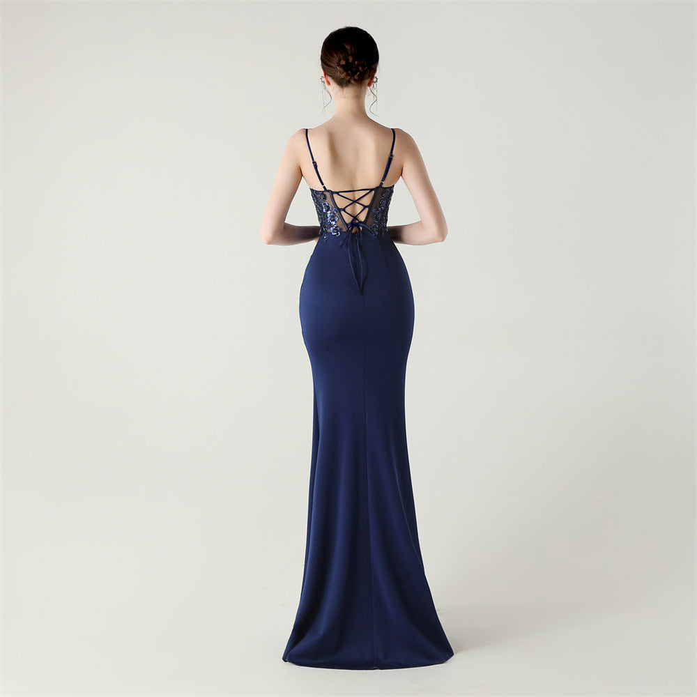 Midnight Navy Sequined Evening Gown