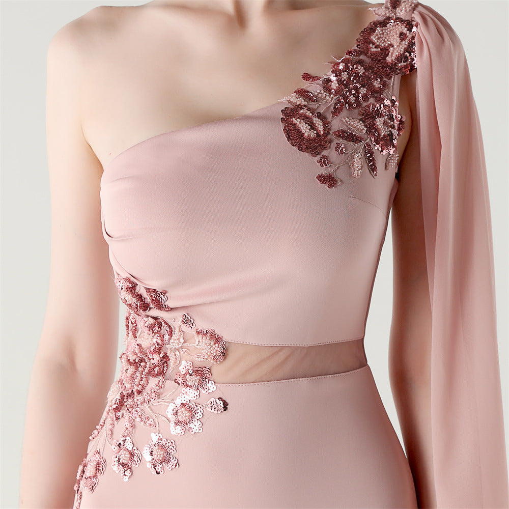 Blush Bloom Embroidery One Shoulder Gown