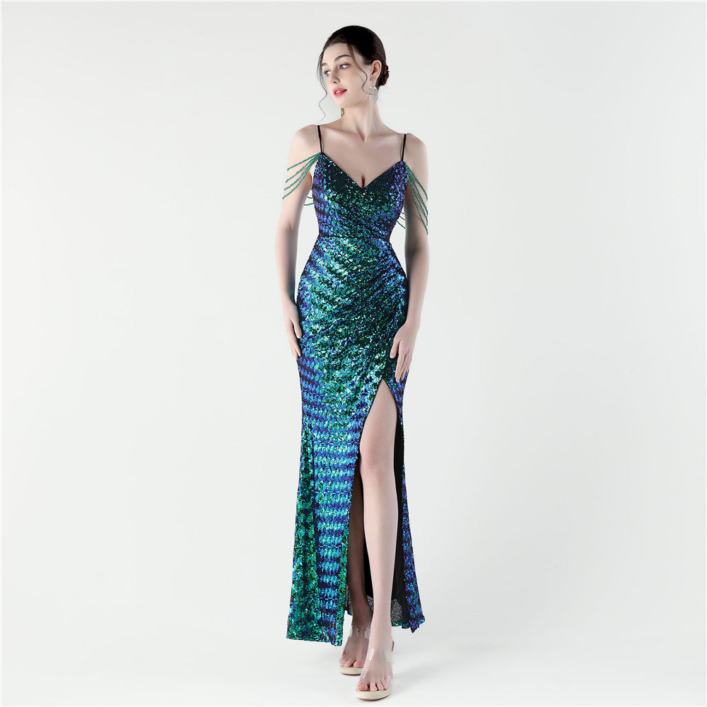 Emerald Tide Deep V Gown