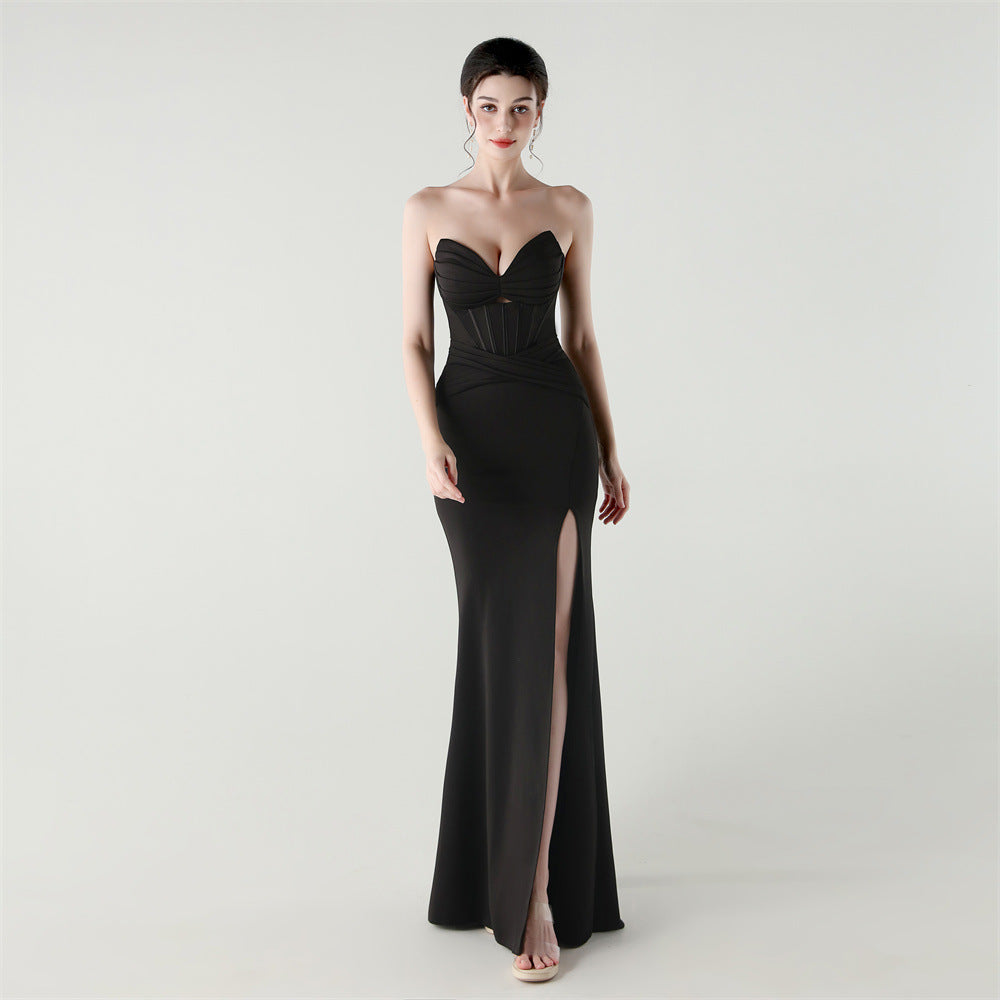 Noir Elegance Fishbone Beaded Gown