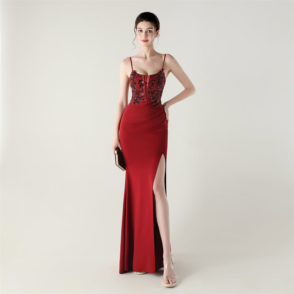 Deep Red Sequined Evening Gown