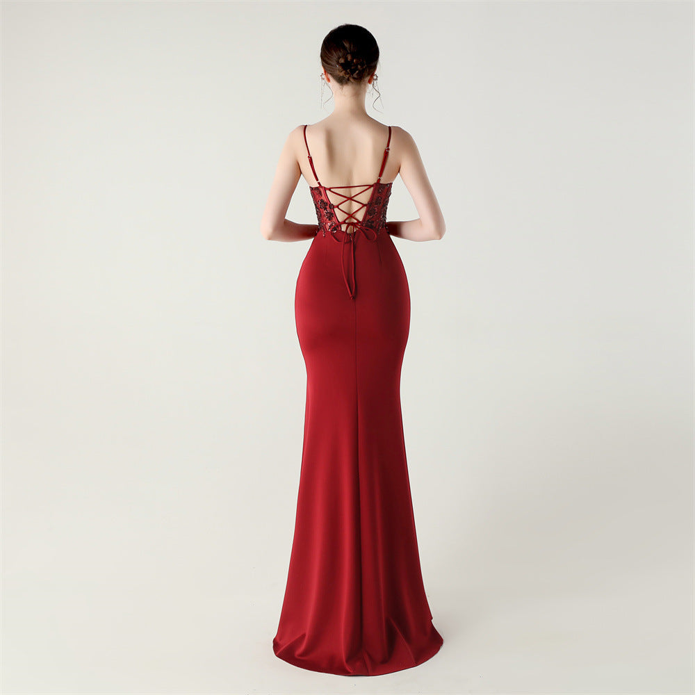 Deep Red Sequined Evening Gown
