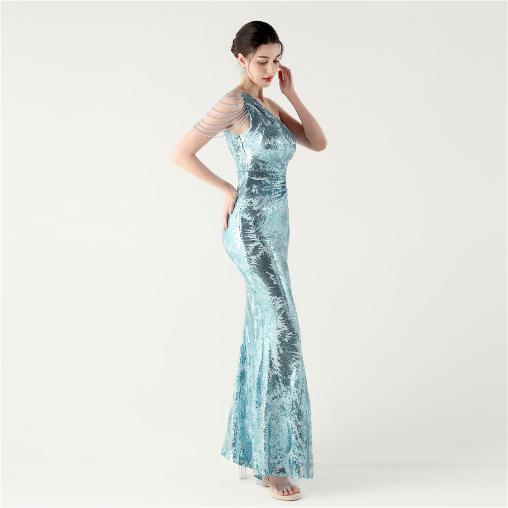 One Shoulder Blush Blue Beaded Gown