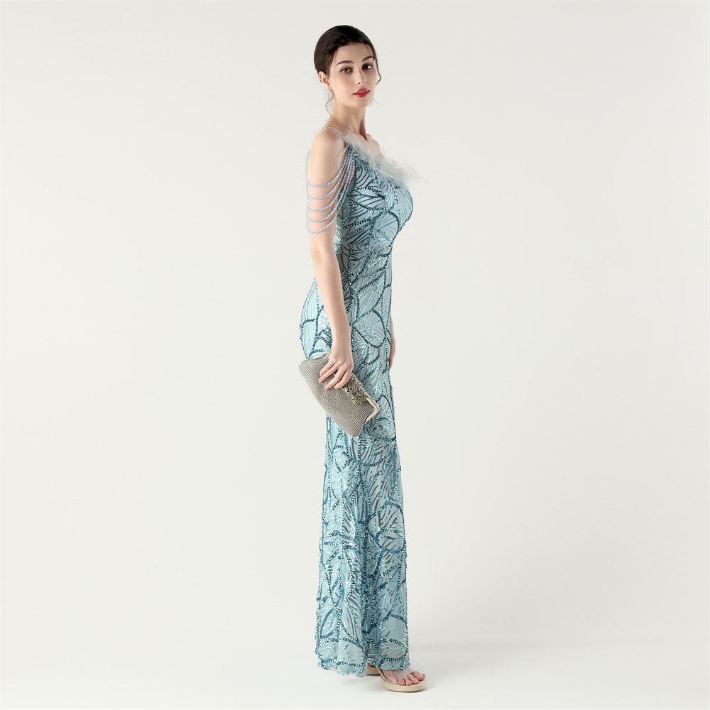 Azure Beaded Elegance Gown
