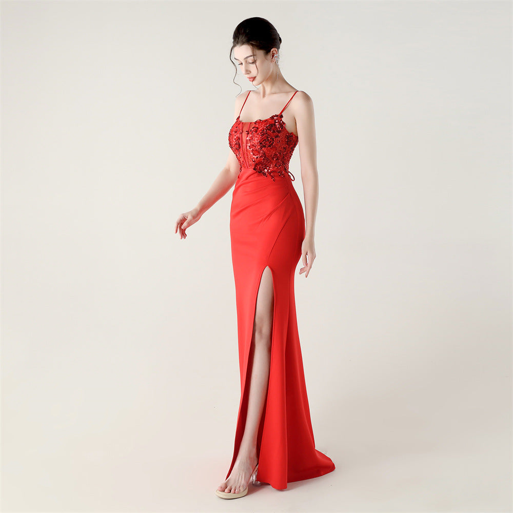 Crimson Beaded Bodycon Evening Gown