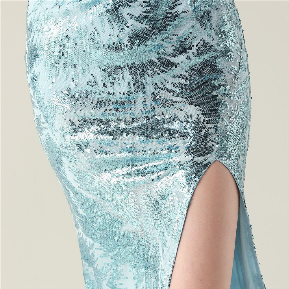 One Shoulder Blush Blue Beaded Gown