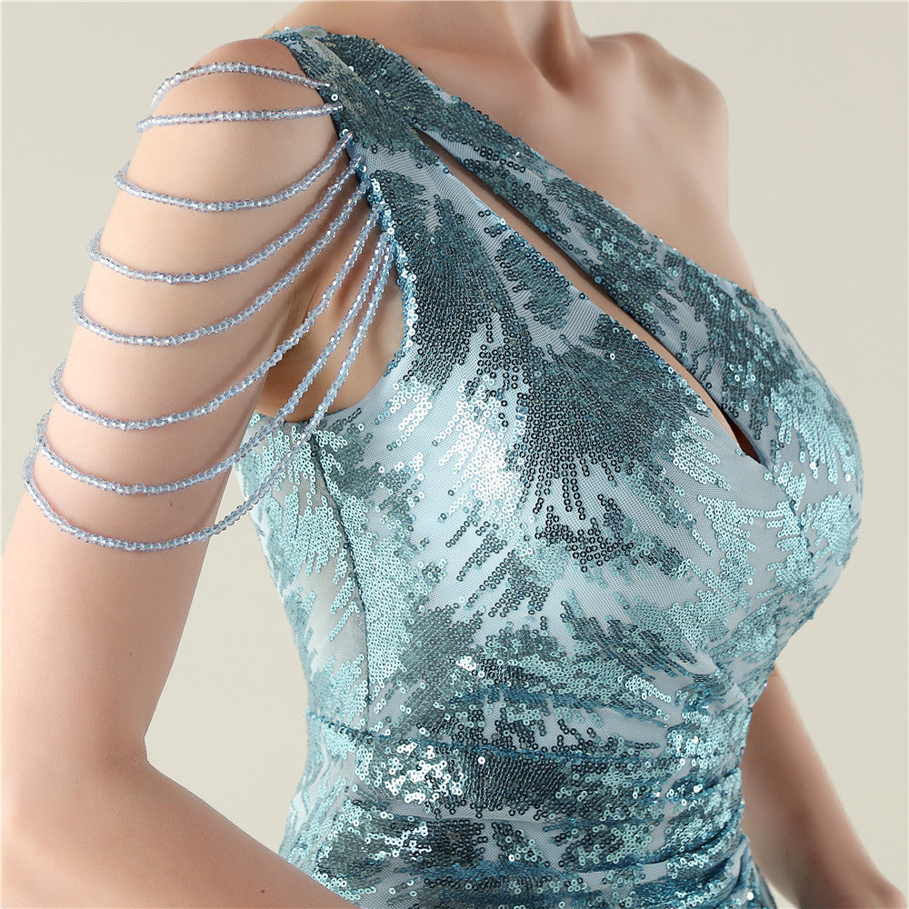 One Shoulder Blush Blue Beaded Gown