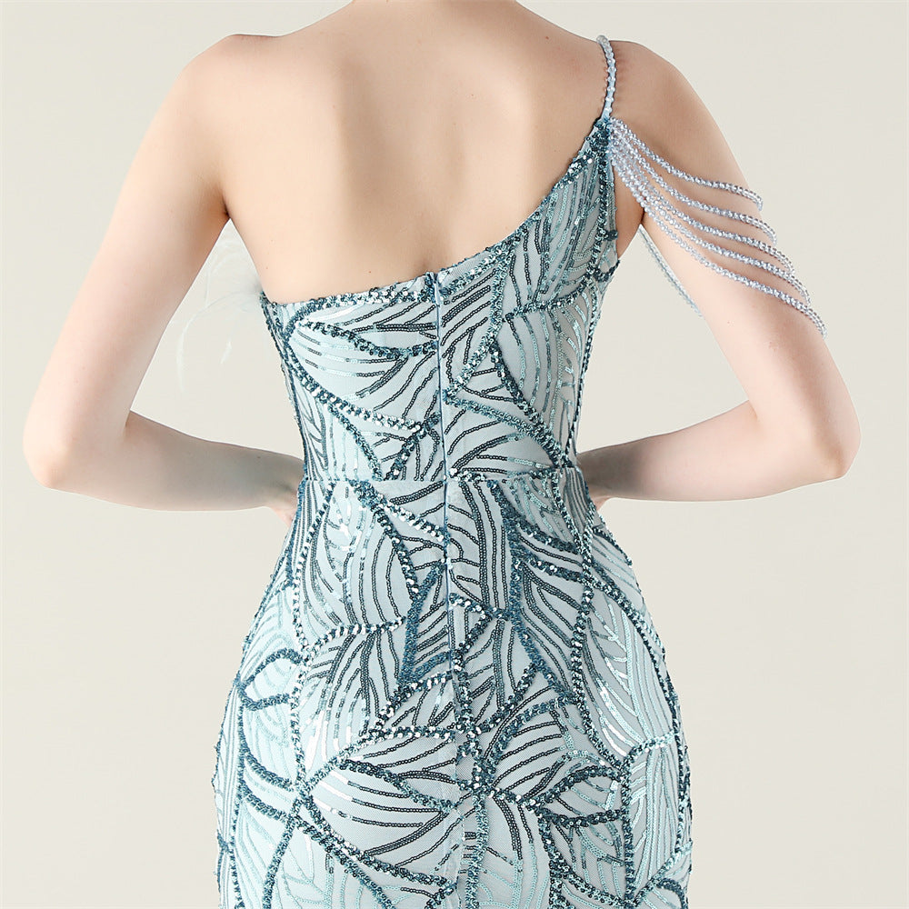 Azure Beaded Elegance Gown