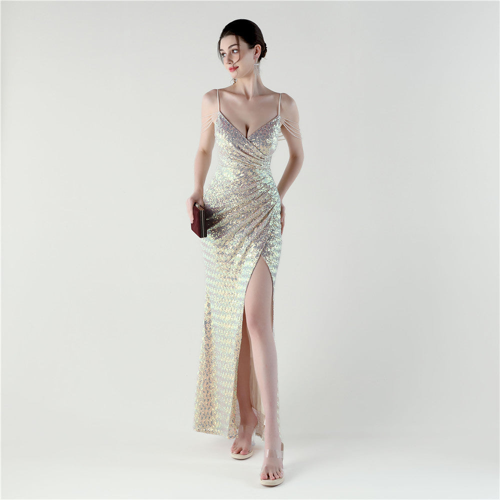 Opal Glow Deep V Sequin Gown