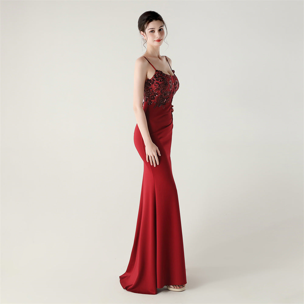 Deep Red Sequined Evening Gown