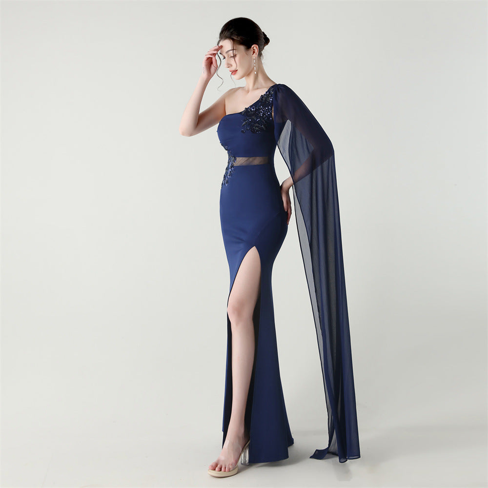 Midnight Muse Embroidery One Shoulder Gown