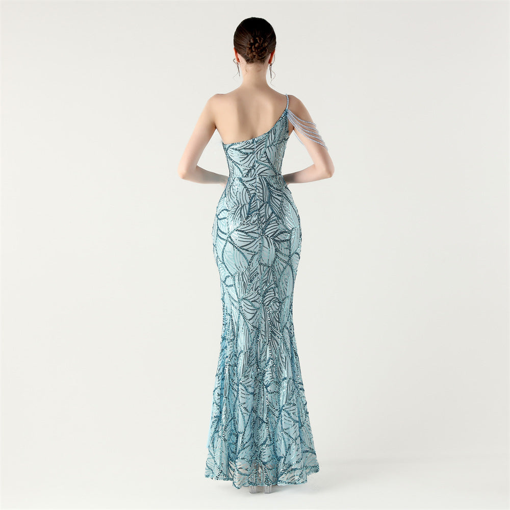 Azure Beaded Elegance Gown