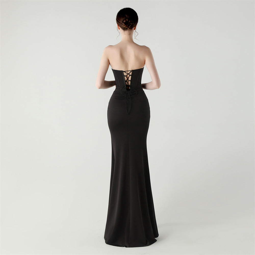 Noir Elegance Fishbone Beaded Gown