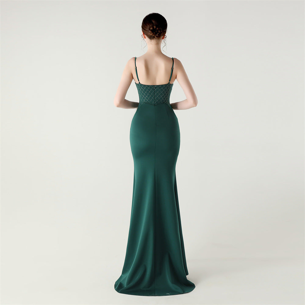 Emerald Radiance Fishbone Beaded Gown