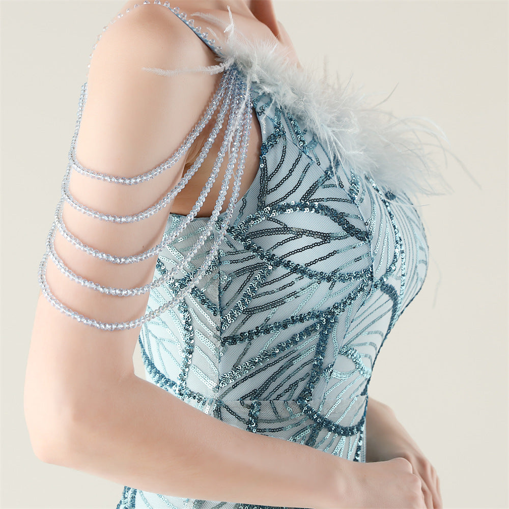 Azure Beaded Elegance Gown