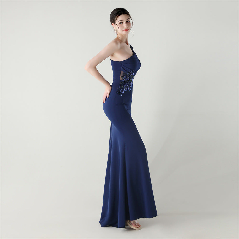 Midnight Muse Embroidery One Shoulder Gown