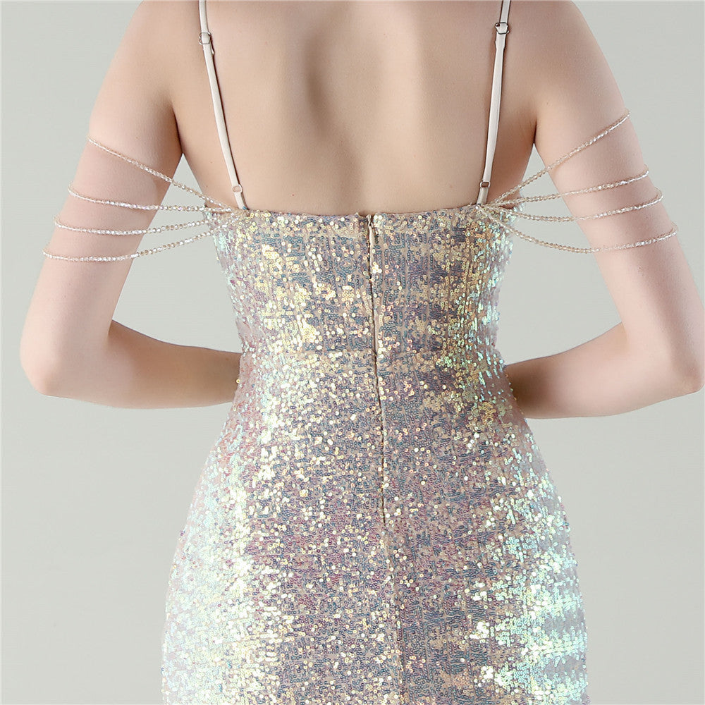 Opal Glow Deep V Sequin Gown