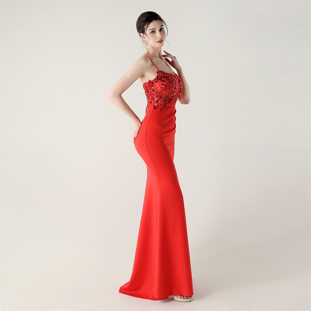 Crimson Beaded Bodycon Evening Gown