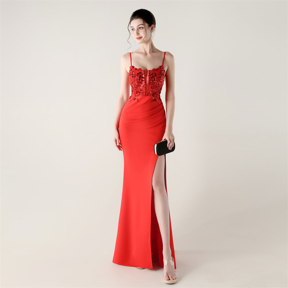 Crimson Beaded Bodycon Evening Gown